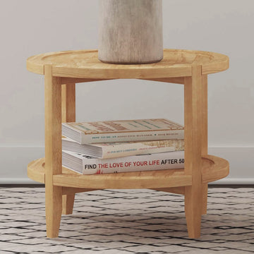 Round Solid Wood Side End Table With 1 Shelf, Maple Brown