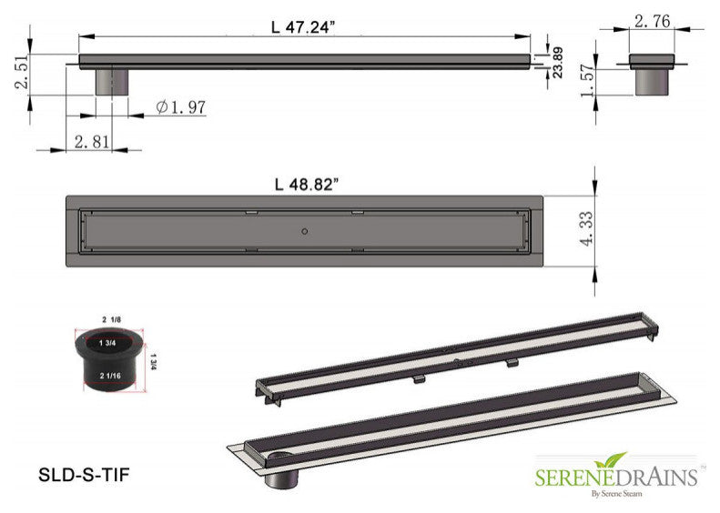 Offset Linear Drain, 48 Inch Side Outlet Linear Drain Complete Set, Tile Insert