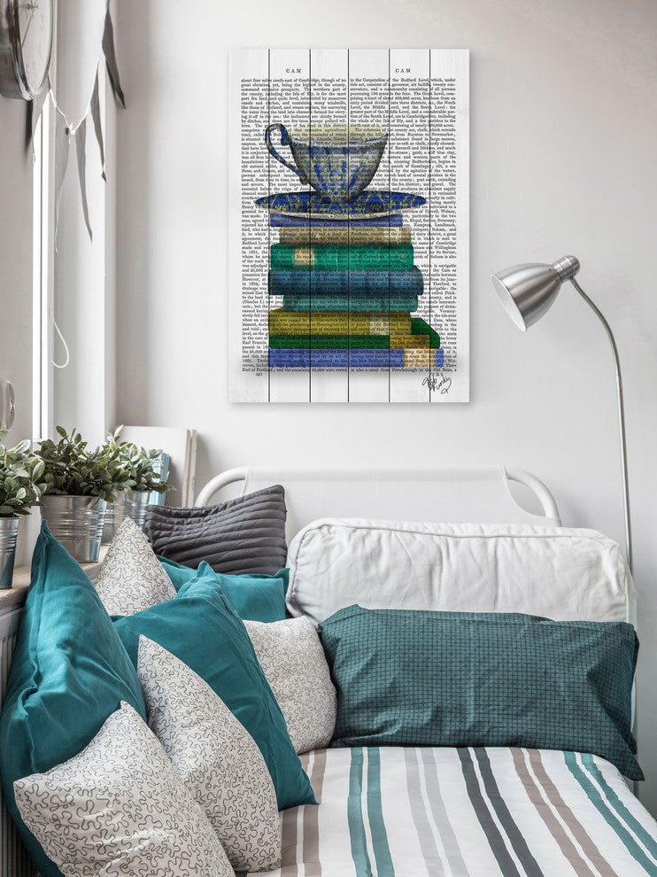 "Teacup and Books" Painting Print on White Wood, 12"x18"