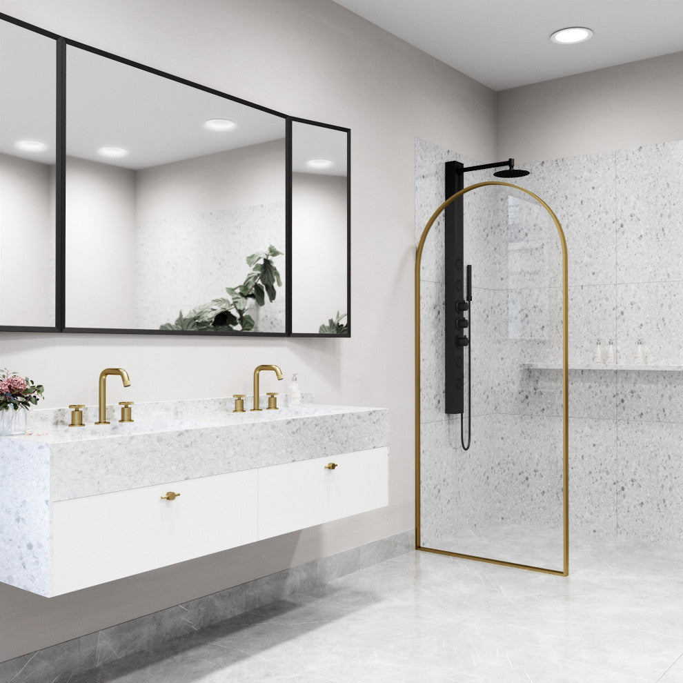 VIGO Arden 34" W x 78" H Framed Fixed Shower Screen, Matte Brushed Gold, Clear Glass