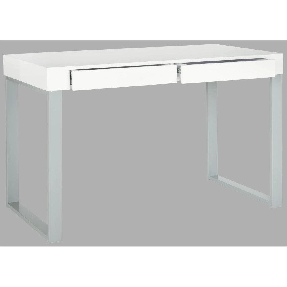 Contemporary Desk, Glam Design With Gray Painted Iron Legs & Lacquered White Top