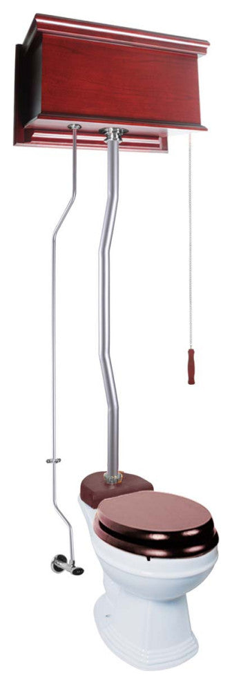 Cherry Wood Flat High Tank Pull Chain Toilet White Round Bowl Satin Top Entry