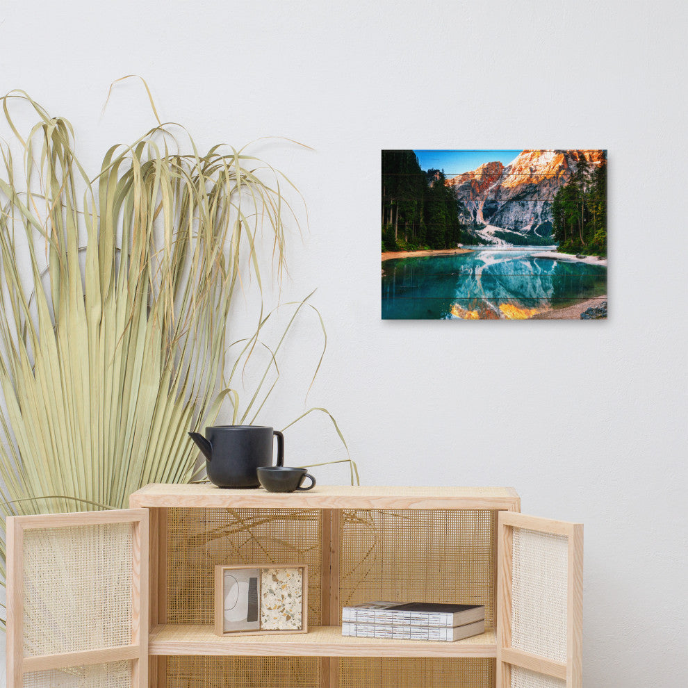 Faux Wood Misty Lake and Snow-cap Mountain Reflections Canvas Prints, 18" X 24"