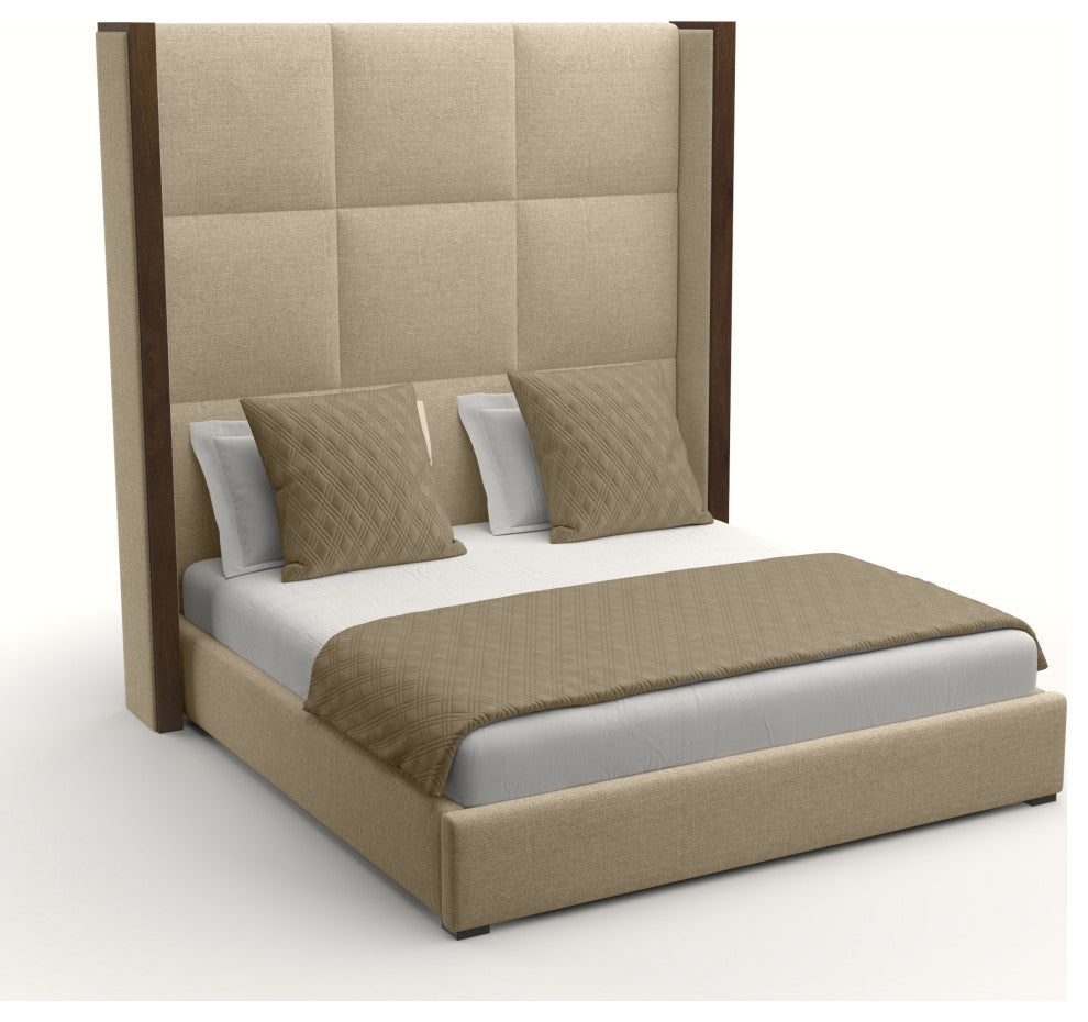 Nativa Interiors Irenne Square Tufted Bed, Flax, Ca King, High 87"