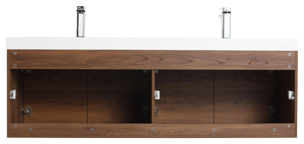 Wall Mounted Bathroom Vanity, Brown Walnut, 60'' W/ Double Sink