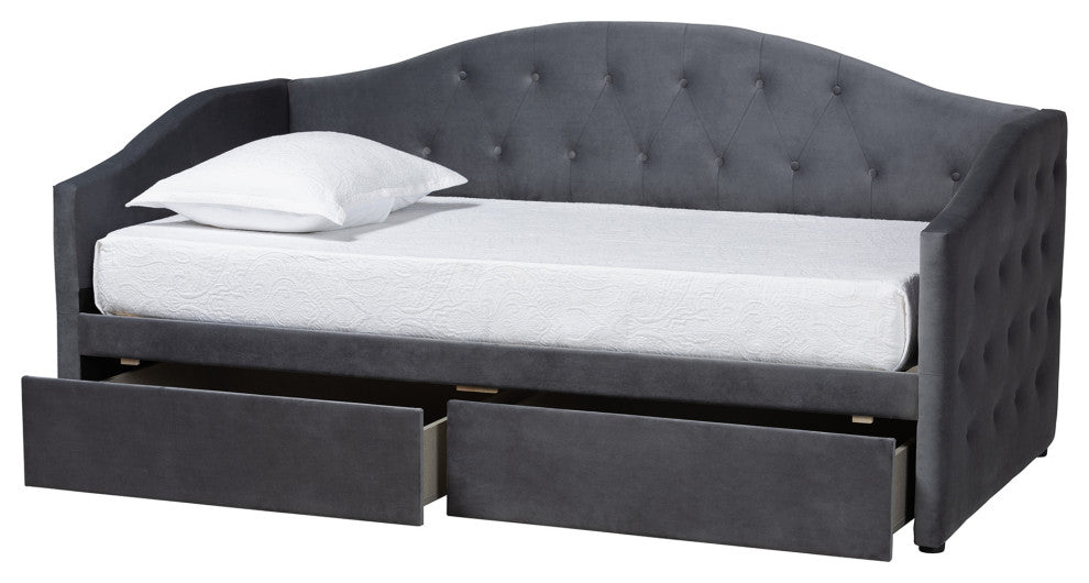 Mansi Modern Grey Velvet Fabric Upholstered Full Size 2-Drawer Daybed