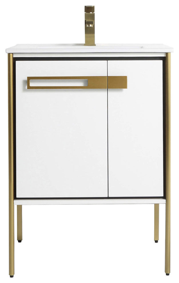 Oakville Bath Vanity, Ceramic Sink, White Matte, 24 Inch, Satin Brass Hardware