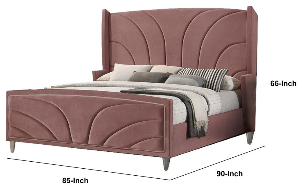 Benzara BM284025 Wood King Size Bed, Wingback Frame, Pink Velvet, Chrome Legs