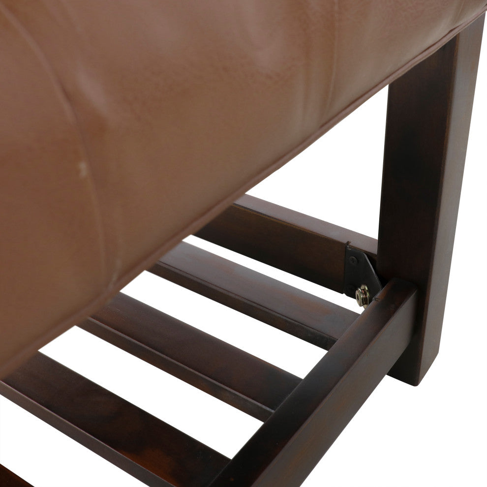 Pelon Contemporary Button Tufted Bench With Shelf, Cognac Brown/Dark Walnut