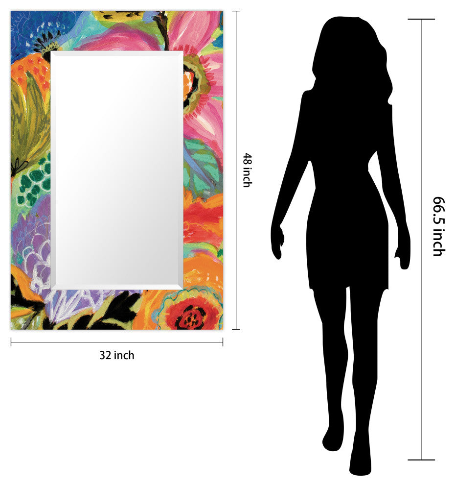 "Secret Garden Floral II" Leaner Mirror on Tempered Art Glass, 48" X 32"