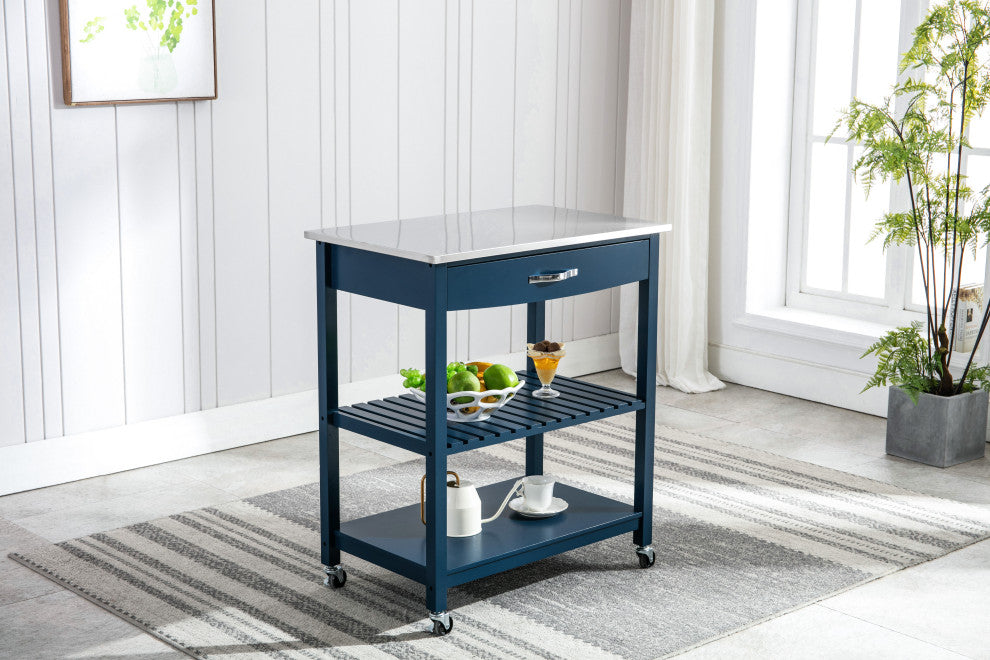 Holland kitchen cart with stainless steel top, navy blue