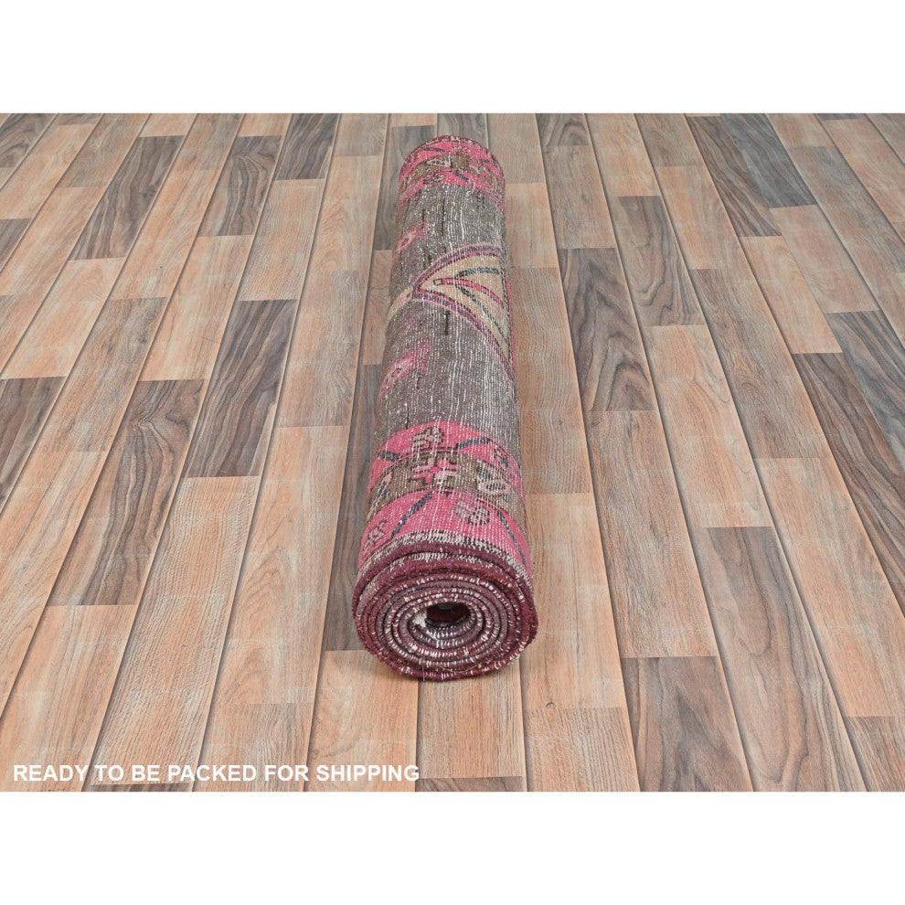 Mocha Brown With Pink Old Persian Heriz Hand Knotted Pure Wool Rug, 3'7"x10'1"