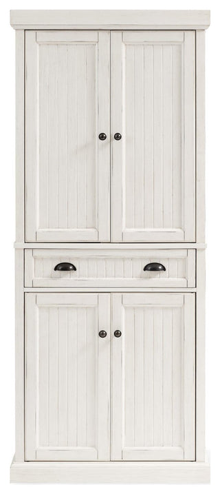 Tall Pantry Cabinet, Breadboard Paneled Doors & Storage Drawer, Distressed White