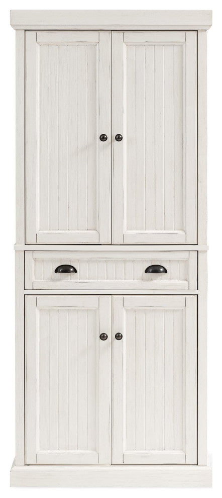 Tall Pantry Cabinet, Breadboard Paneled Doors & Storage Drawer, Distressed White