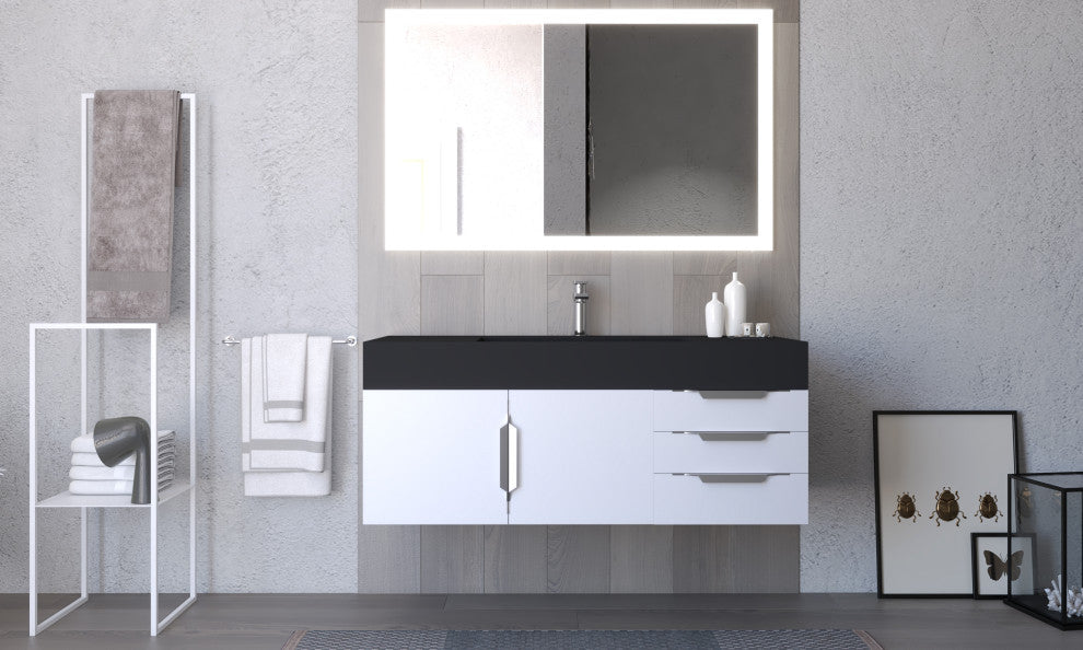CastelloUSA Amazon 48" Wall Mounted Vanity Set, White, Black Top, Chrome Handles