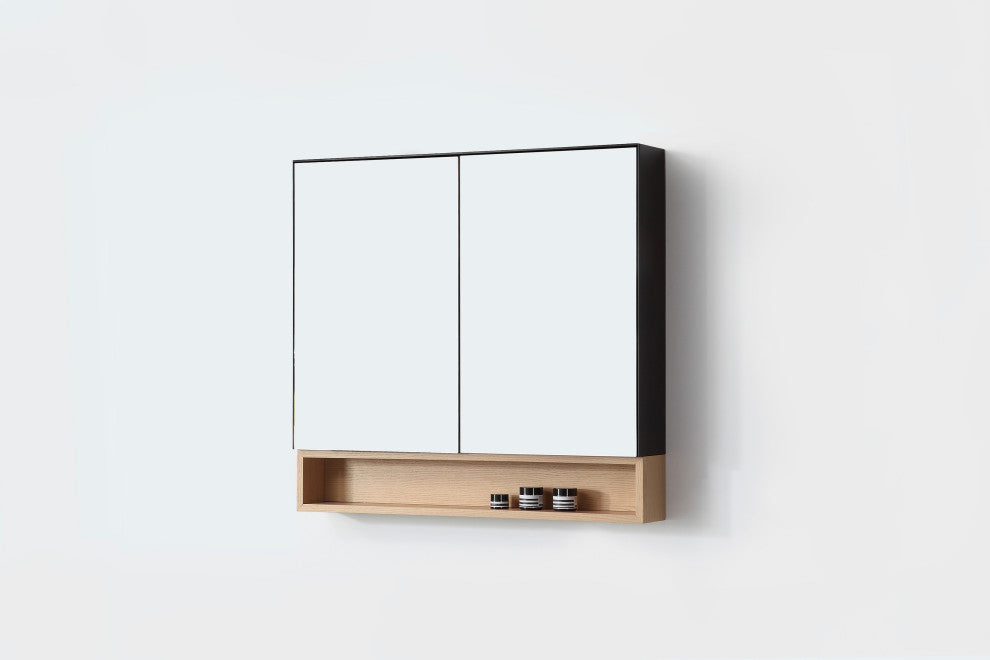 Bergen Modern Medicine Cabinet, Matte Black Frame, Whitewash Shelf, 36"