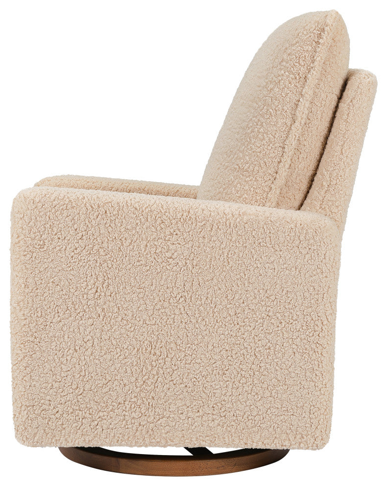 Cali Pillowback Swivel Glider, Boucle, Chai Shearling With Dark Wood Base