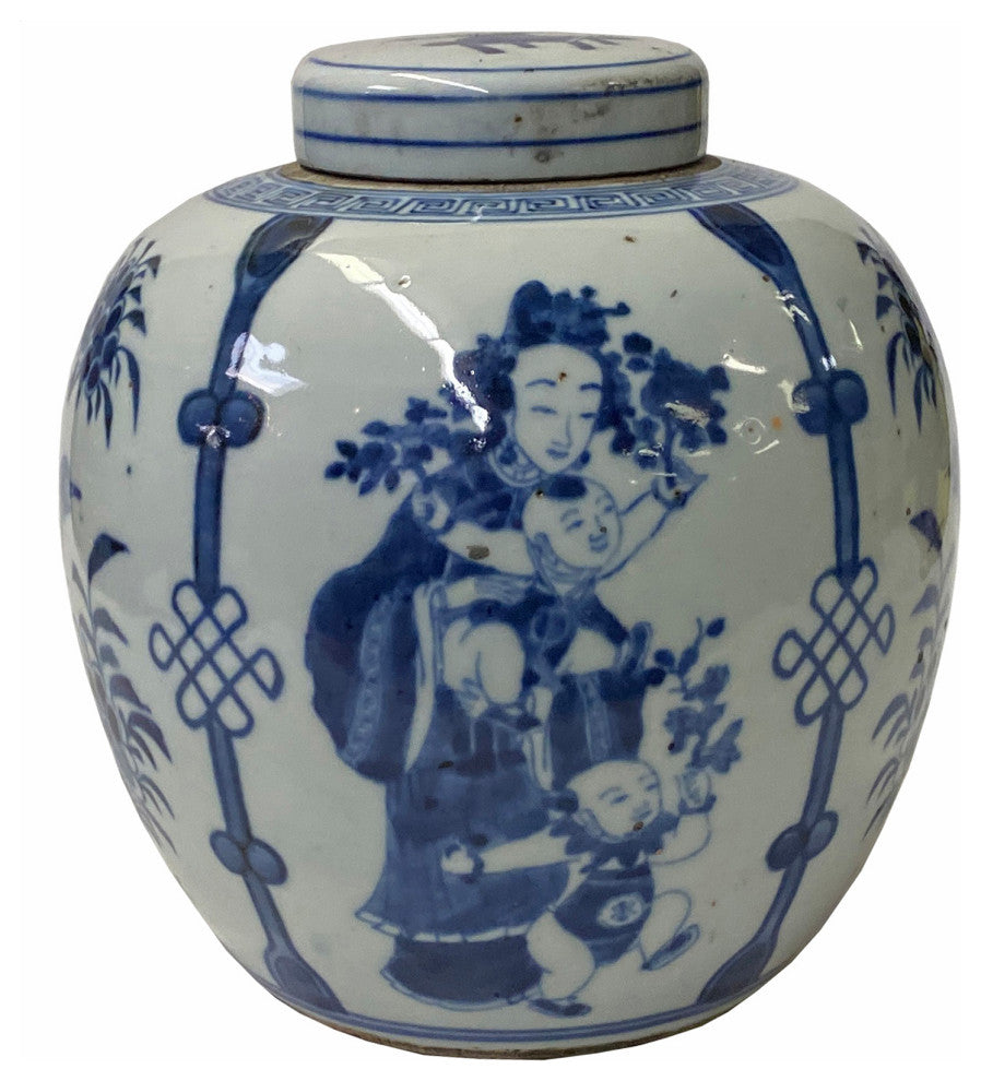Hand-paint Family Graphic Blue White Porcelain Ginger Jar Hws1747