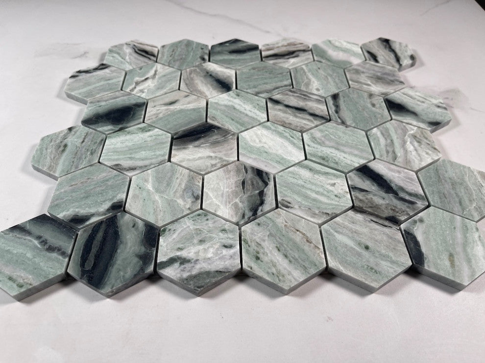 Sagano Vibrant Green Marble 2 inch Hexagon Mosaic Tile Honed, 1 sheet
