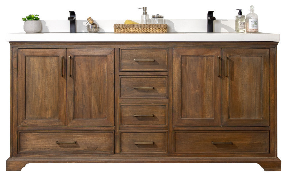 Charlotte Teak 72 Double Sink Bathroom Vanity Distressed Gray 2" White Quartz