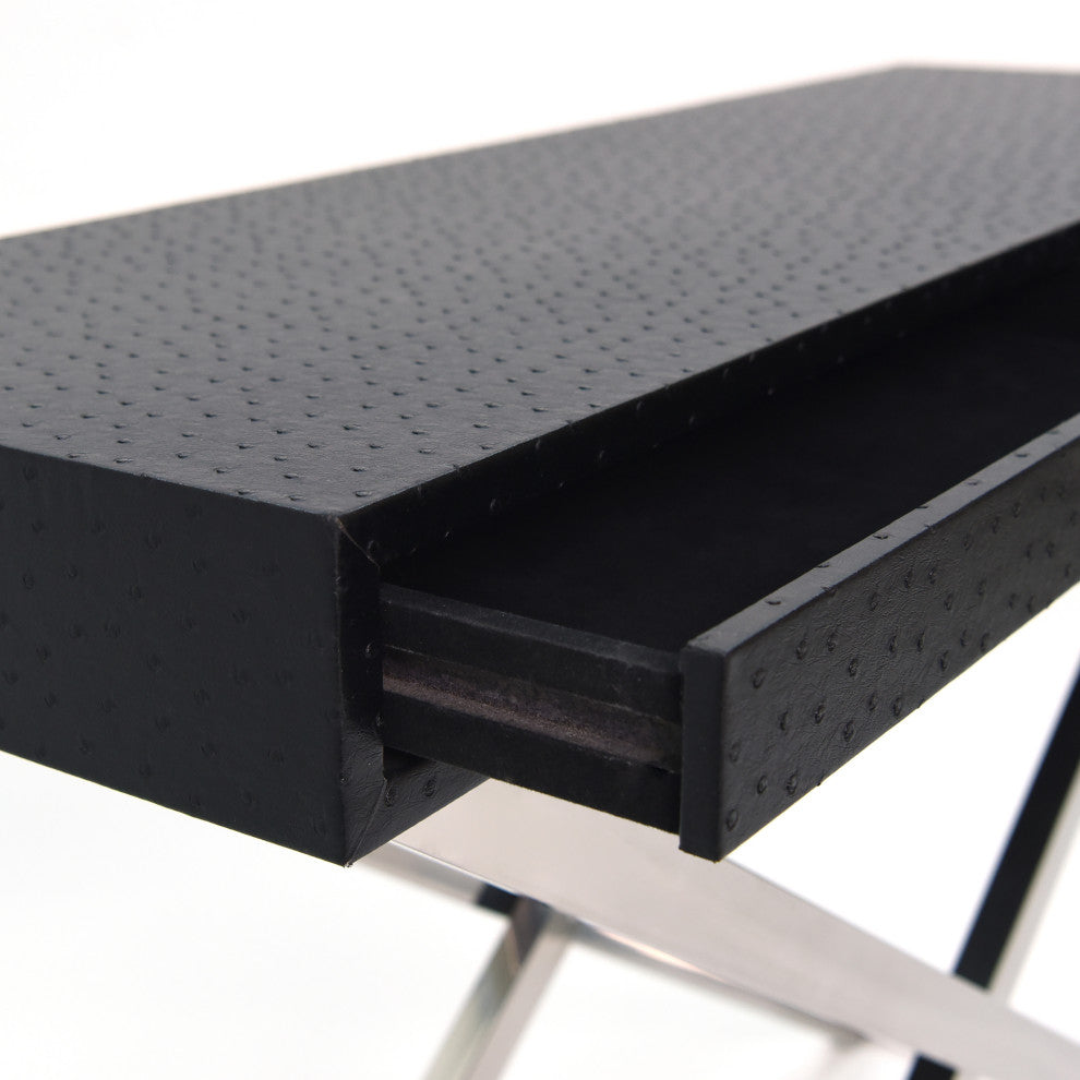 Black Ostrich Leather Console Table With Stainless Steel Legs