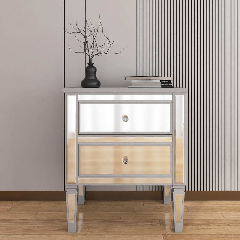 2-Drawer Mirrored Nightstand in Silver
