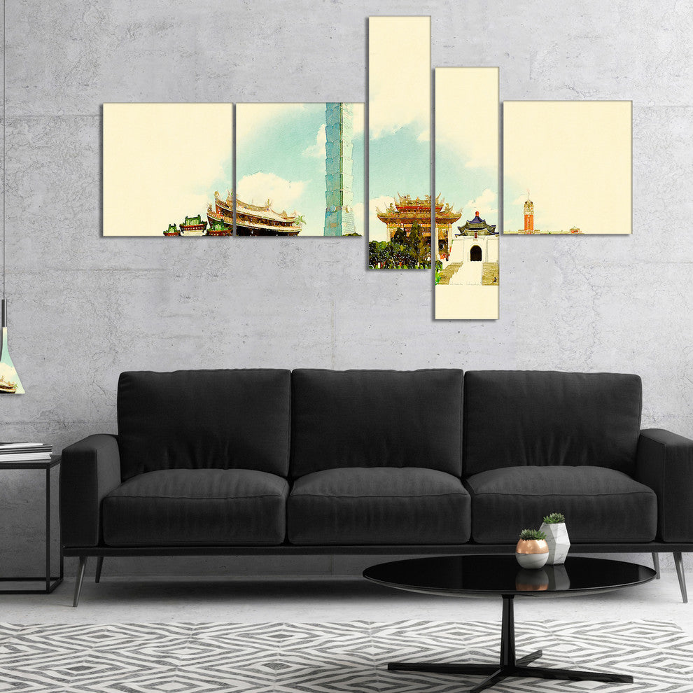 Taipei Panoramic View, Cityscape Watercolor Canvas Print, 60"x32", 5 panels
