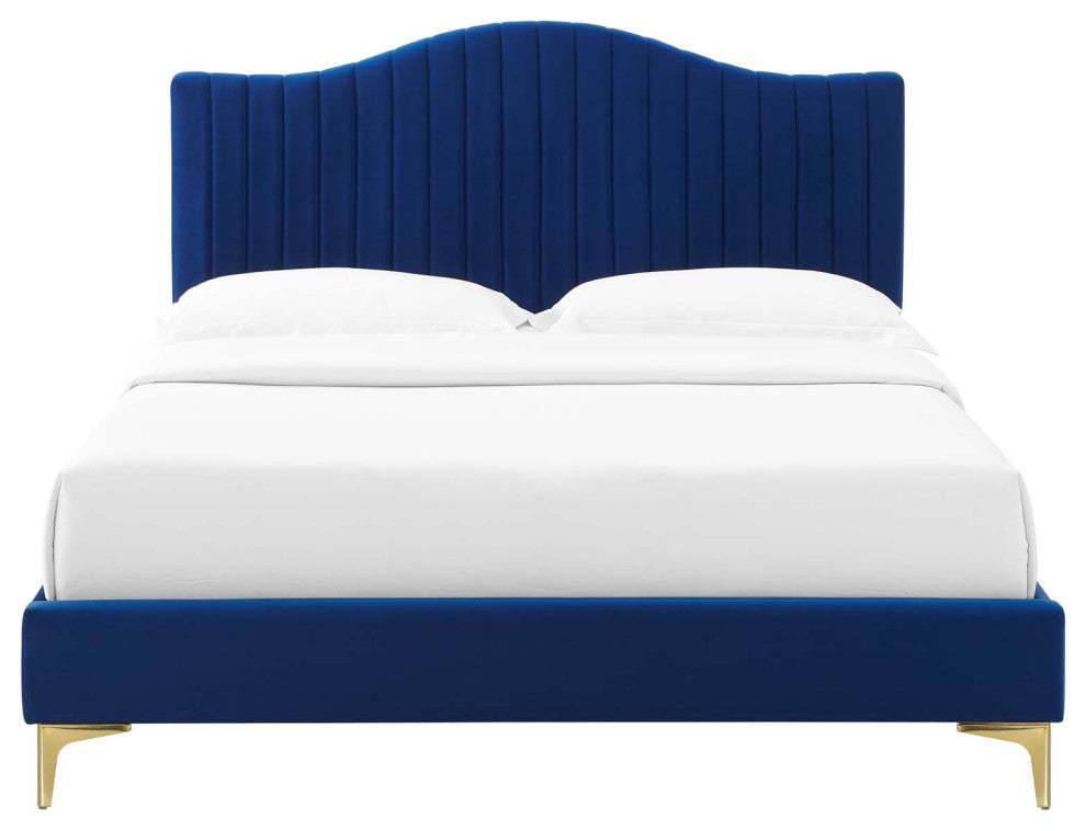 Tufted Platform Bed Frame, Full Size, Velvet, Blue Navy, Modern Contemporary
