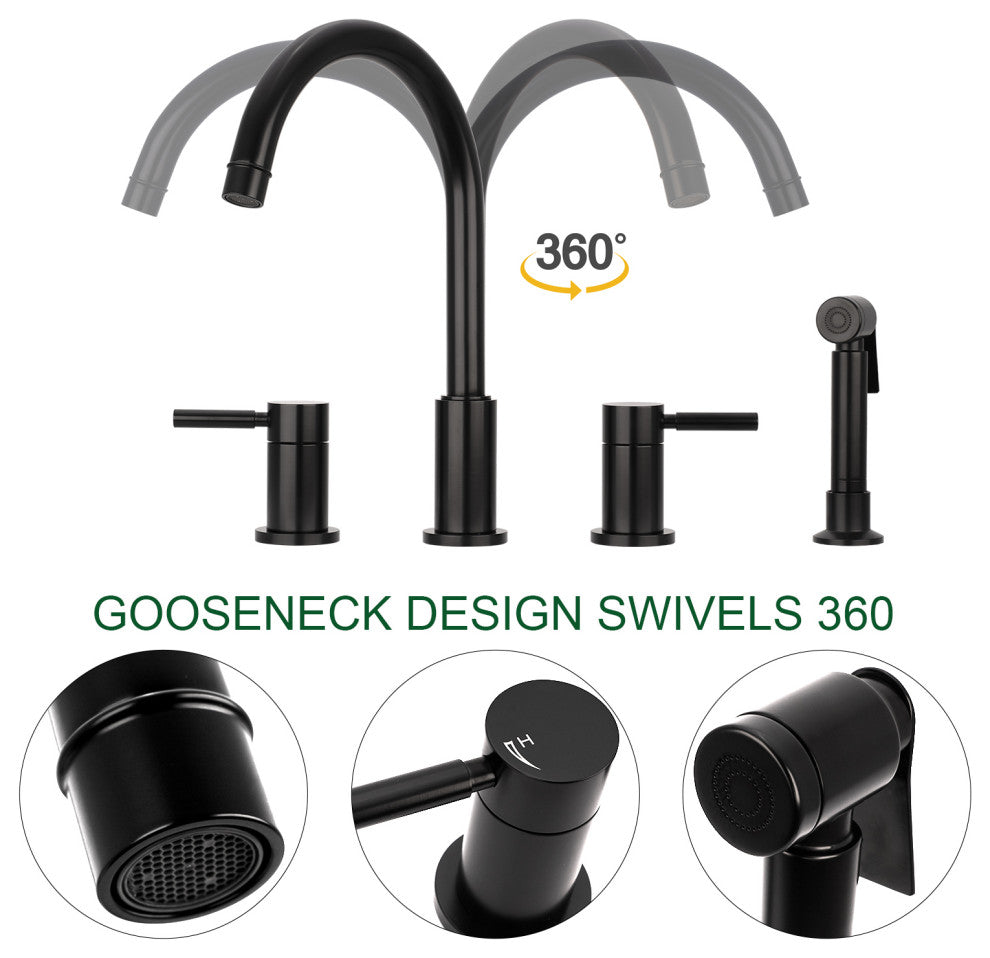 Two-Handles Copper Widespread Kitchen Faucet With Side Sprayer, Matte Black