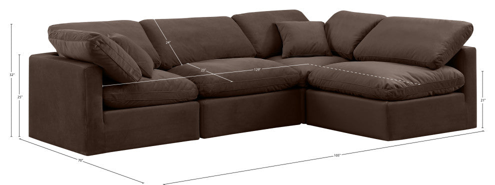 Indulge Upholstered Modular L-Shaped Sectional, Brown, 4-Piece: 2 Armless Chair, 2 Corner Chair, Down Stuffed Velvet