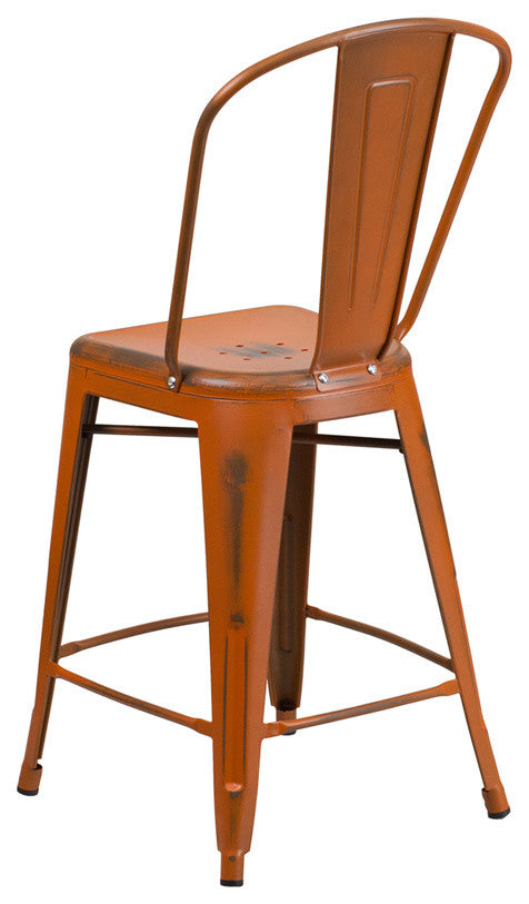 Brimmes 24" Metal Counter Stool Distressed Orange With Curved Vertical Slat