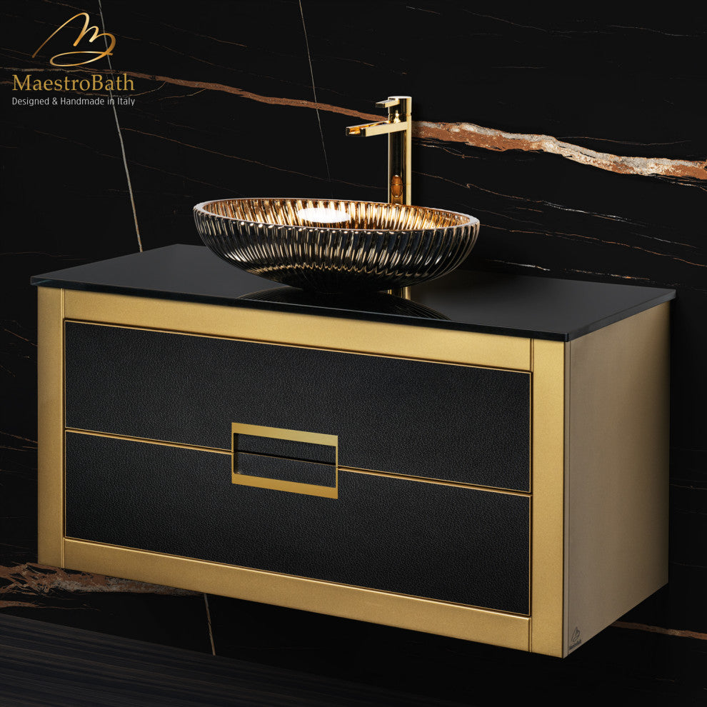Danya Leather Vanity, Black and Gold, 40"
