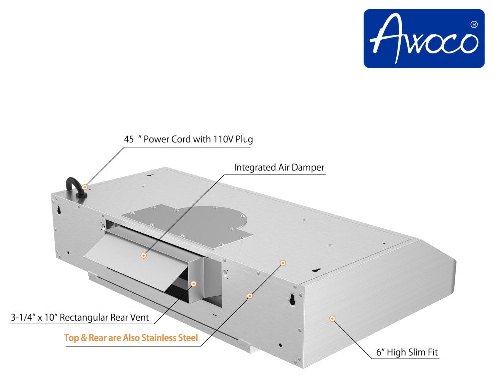 Awoco Rectangle Vent Range Hood With Stainless Steel Cabinets, 30"