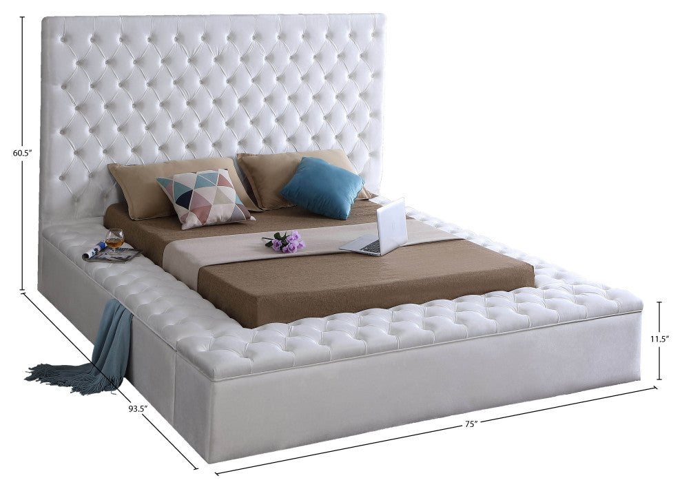 Bliss Velvet Upholstered  Bed, White, Full