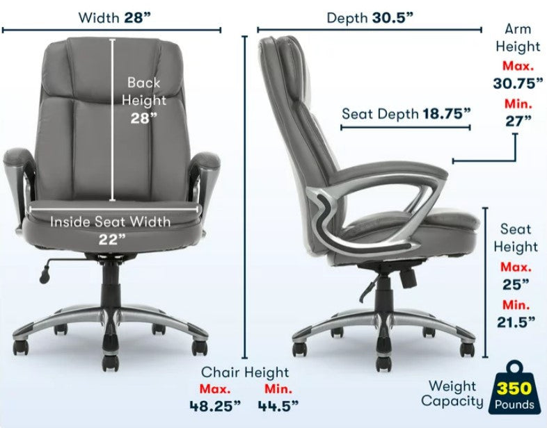 Executive Office Chair, Padded Faux Leather Seat With High Back, Gray