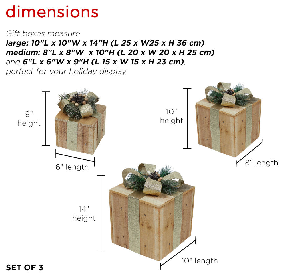 3-Piece Wooden Gift Box Christmas Decor with LED Lights, Gold