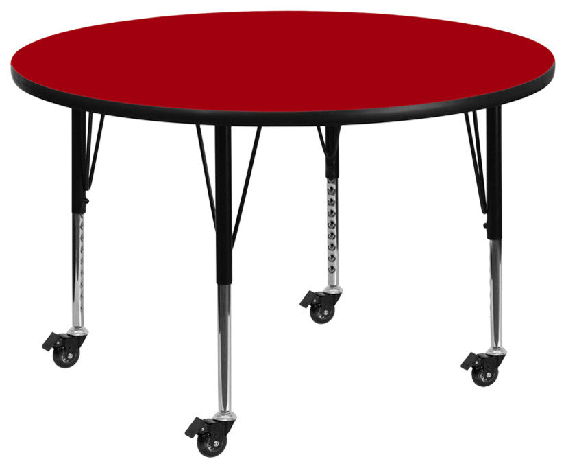 Mobile 48'' Round Red Thermal Laminate Activity Table-Adjustable Short Legs