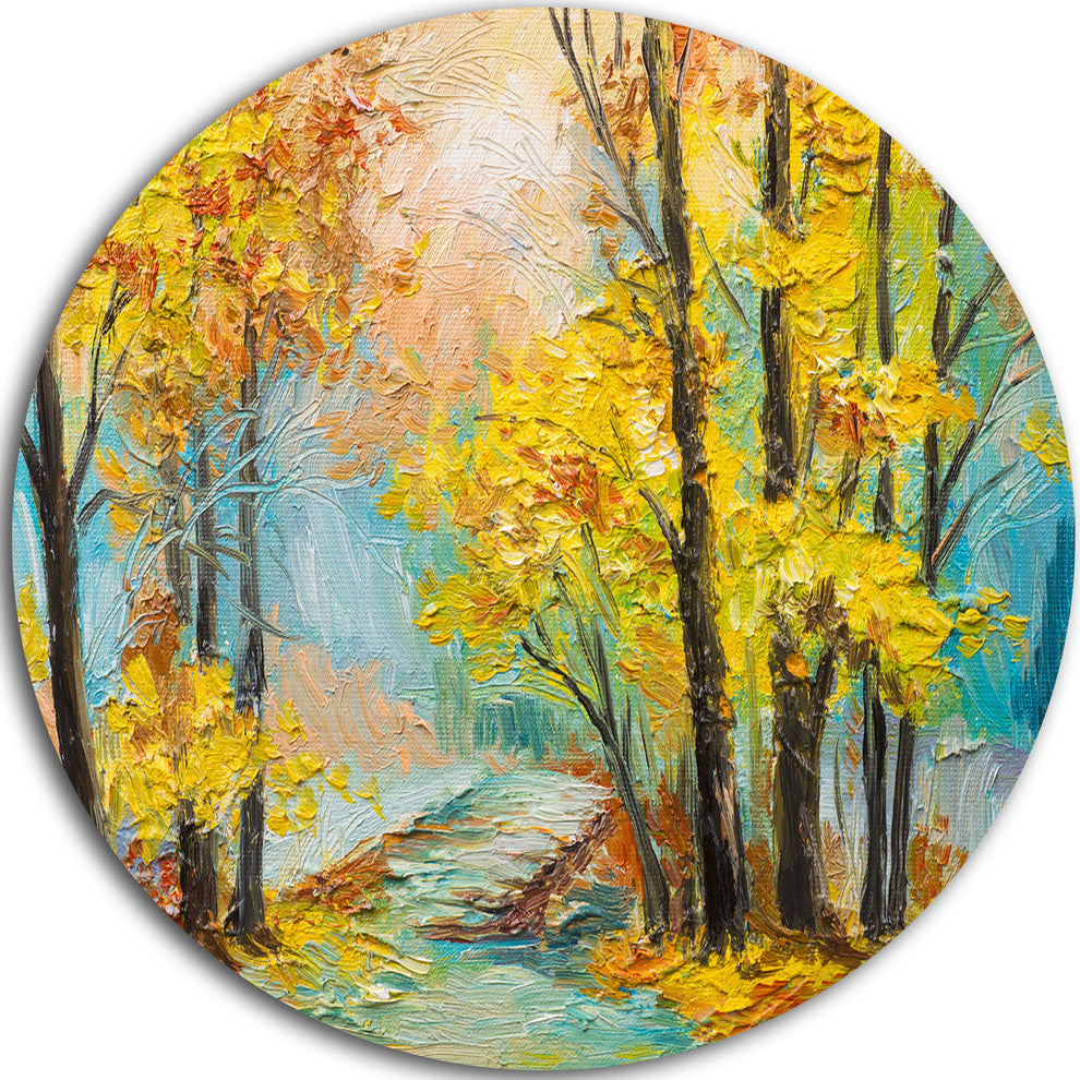 Yellow Falling Forest, Landscape Large Disc Metal Wall Art, 23"