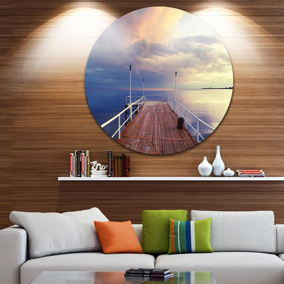 Pier Under Bright Sky, Seascape Photo Round Wall Art, 11"
