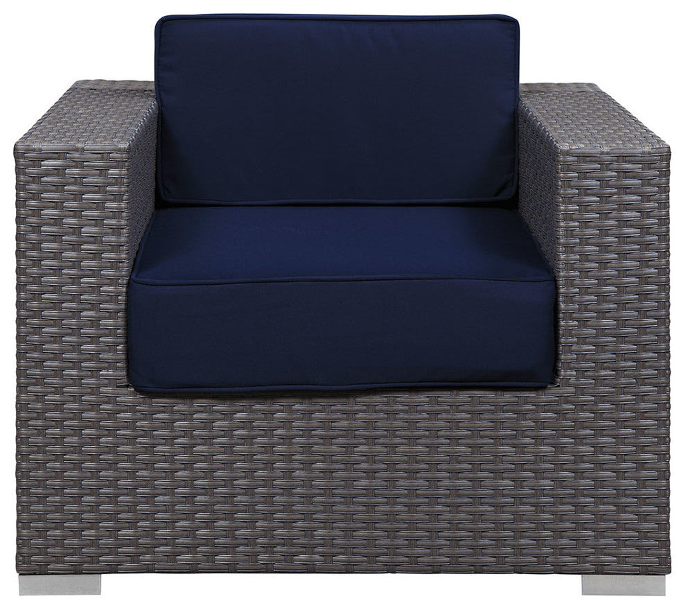 Modern Contemporary Outdoor Patio Armchair, Navy, Fabric, Synthetic Rattan