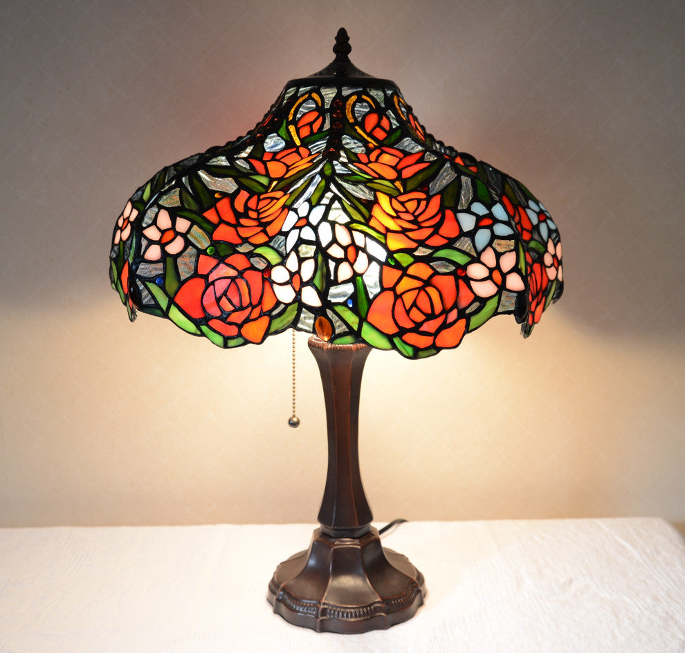 18"W Rose Flower Jeweled Stained Glass Handcrafted Table Desk Lamp, Zinc Base