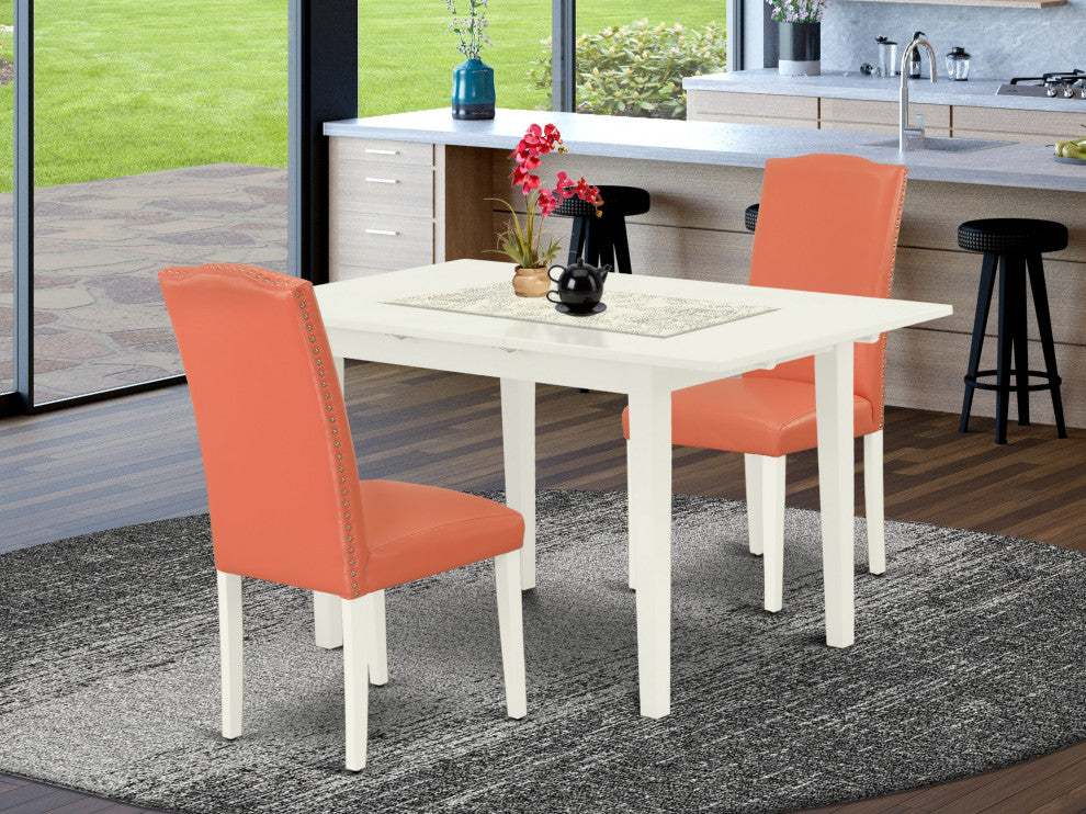 3-Pc Rectangle Dinette Set, Nail Head Chairs, Butterfly Leaf Table, Linen White