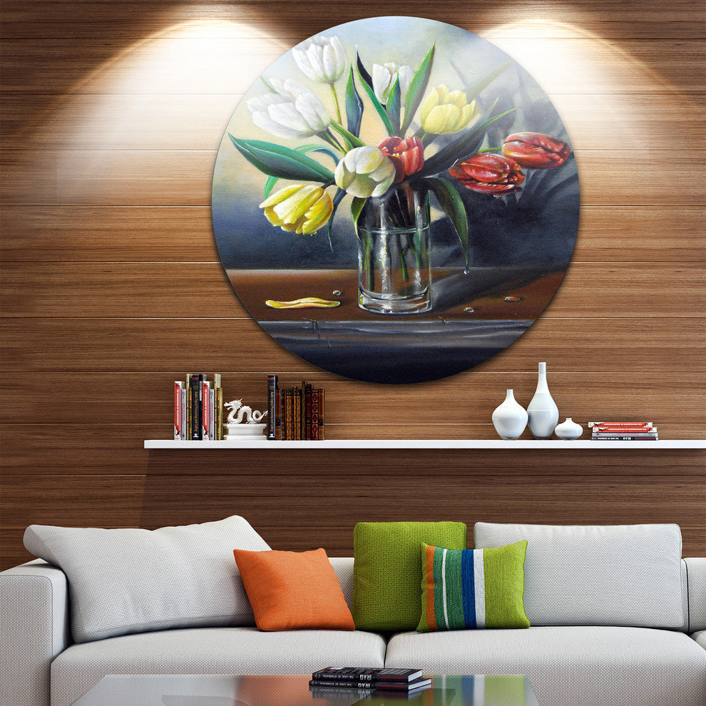 Red White Yellow Tulips, Floral Painting Disc Metal Artwork, 11"