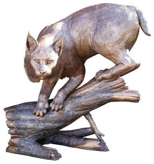 Bobcat Going Down a Tree Log Bronze Statue -  Size: 43"L x 25"W x 41"H.