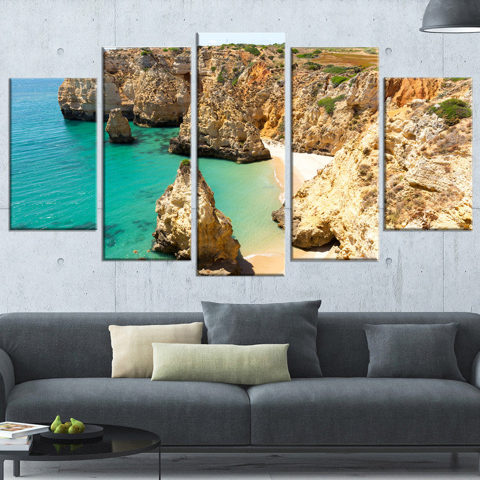 "Rocky and Rough Portugal Bay" Seashore Wall Art, 60"x32", 5-Panels