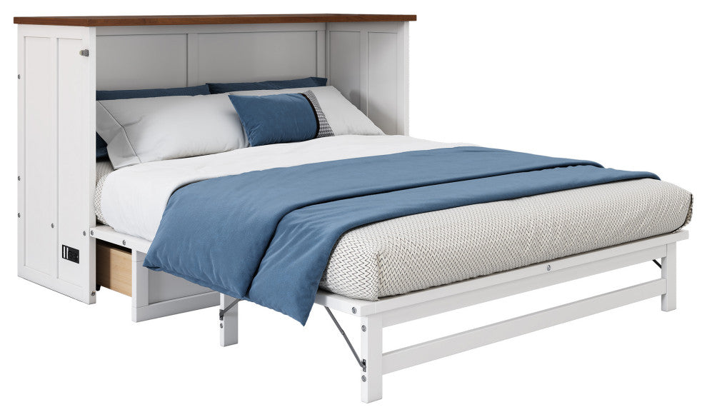 Full/Queen Solid Pine Frame Murphy Bed, Charging Station, Full
