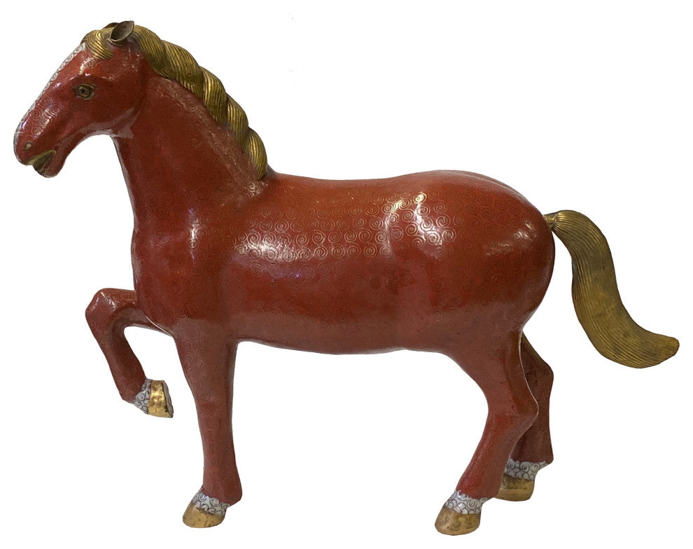 Vintage Chinese Metal Brick Red Golden Tail Fengshui Horse Figure Hws3278