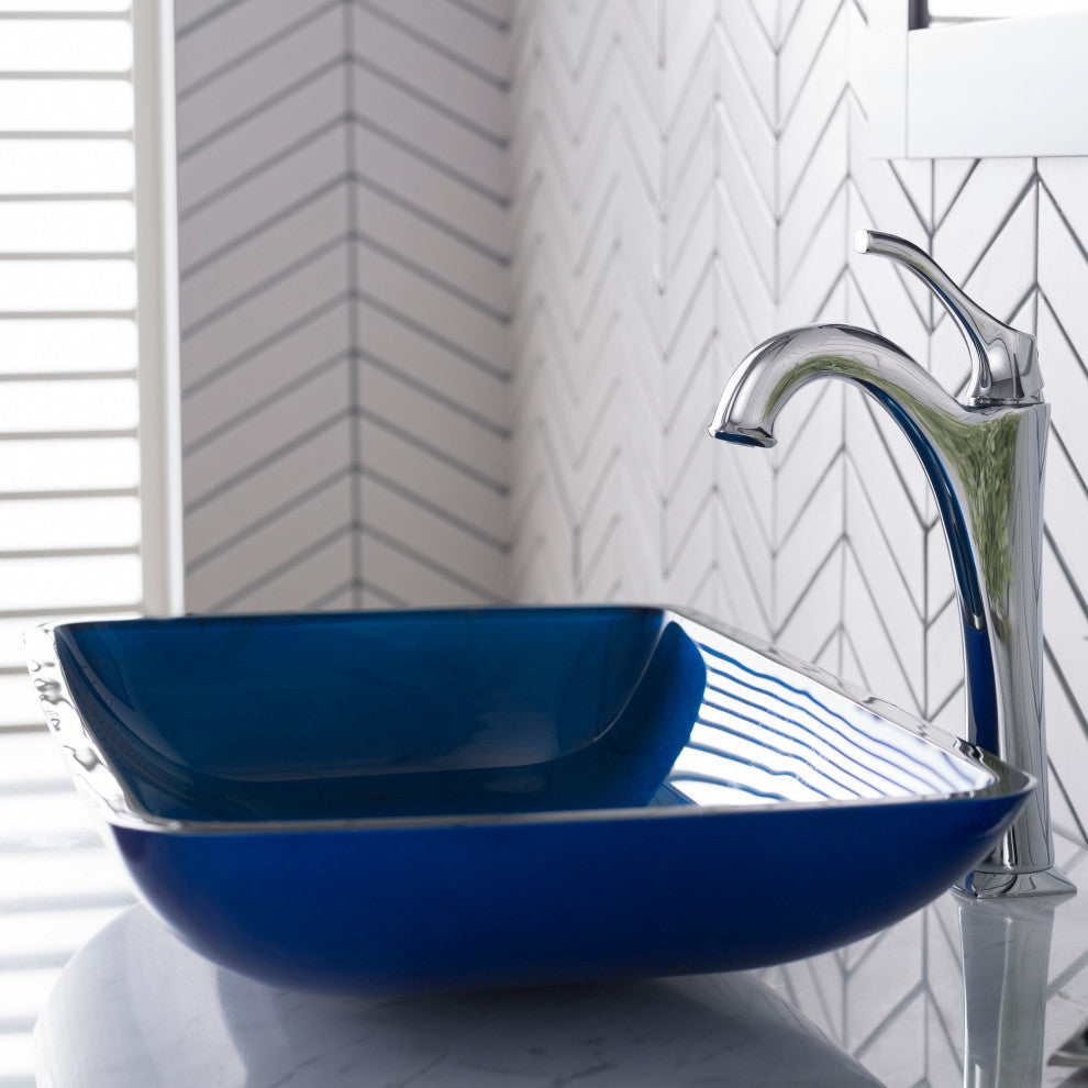 Glass Vessel Sink, Bathroom Arlo Faucet, PU Drain, Mounting Ring, Chrome