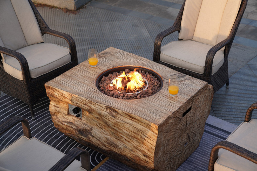 Patio Propane Fire Pit Table with Cushioned Wicker Chairs, Wood-1