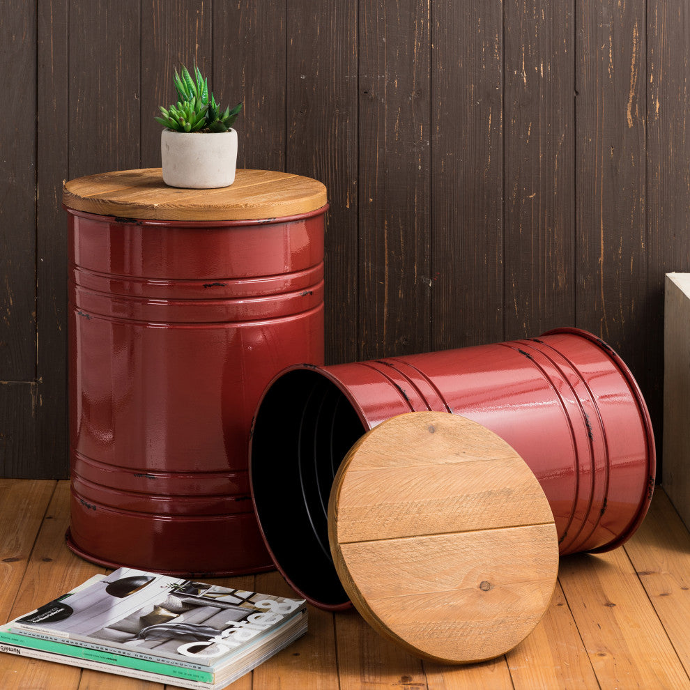 Farmhouse Metal With Solid Wood Seat Storage Stool, Set of 2, Red